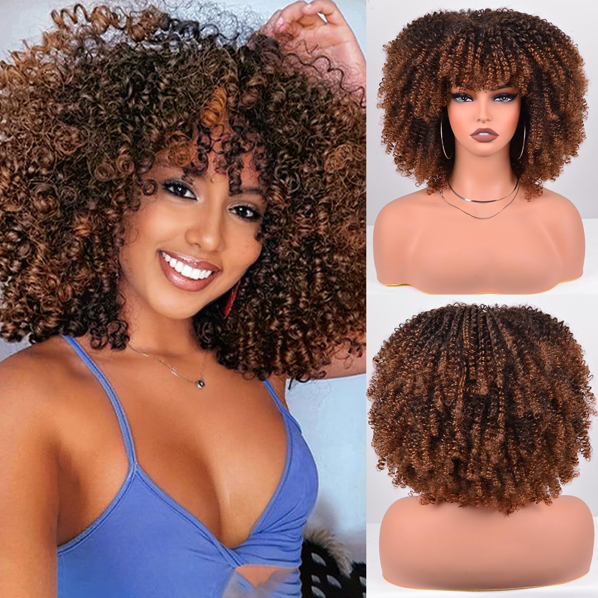 Synthetic Wig 12 Inches Curly Afro Wig With Bangs about 280g/Piece Full Machine Made Afro Kinky Curly Hair Cosplay (Black to Brown) 12 Inch Black to Brown (1B/30)