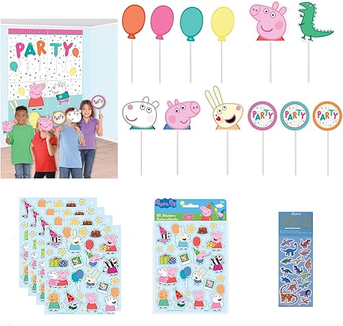 Peppa Pig - Paquete de suministros de decoración para fiesta de cumpleaños, incluye 1 telón de fondo de fotos con 12 accesorios de papel, 4 hojas de