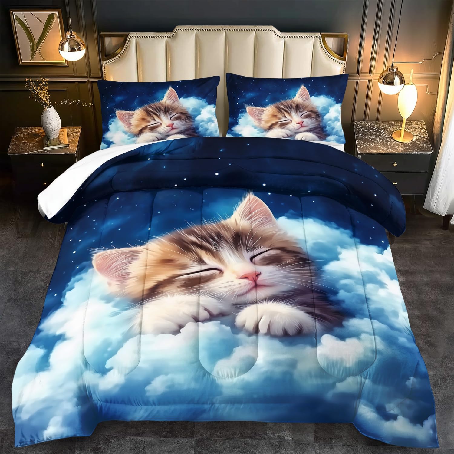 Cute Cat Comforter Set King Kids Comforter Set for Girls King Blue and White Animal Bedding Boys Sky Cloud Bedding Kawaii Cat Room Decor Cute Animal Print Bedroom Decor Kawaii Pet Quilt