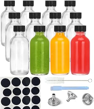 12-Pack 60ml Shot Bottles with Lids,Mini Clear Glass Bottles with Funnels,Labels,Small Glass Jars with Lids.Perfect for Ginger Travel Shots, Juice, and More!