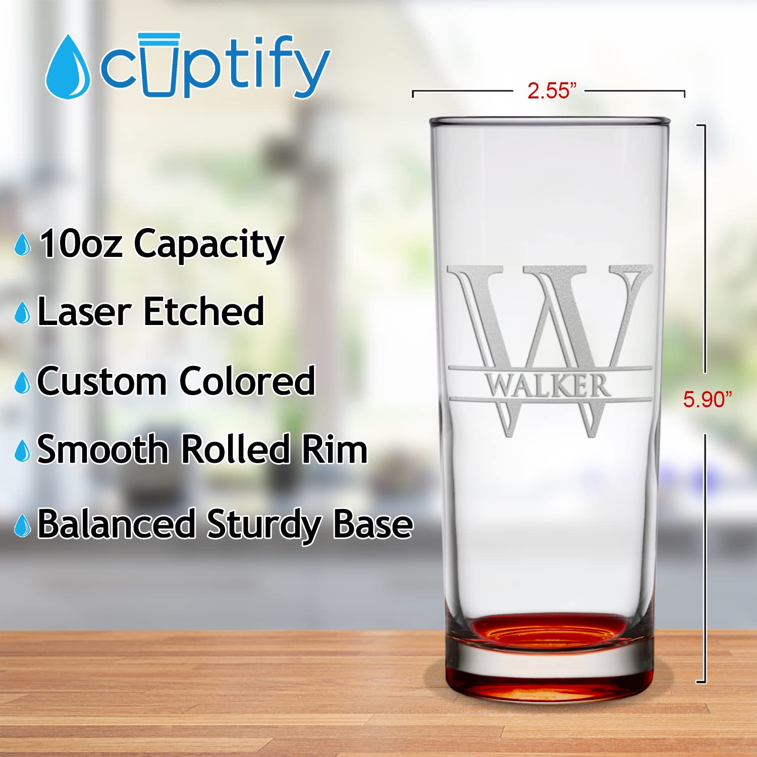 Personalized Highball 10.5 oz with Orange Bottom, Custom Tall Collins Glass, Straight up Mixed Drink Cocktail - Initial with Name Gift