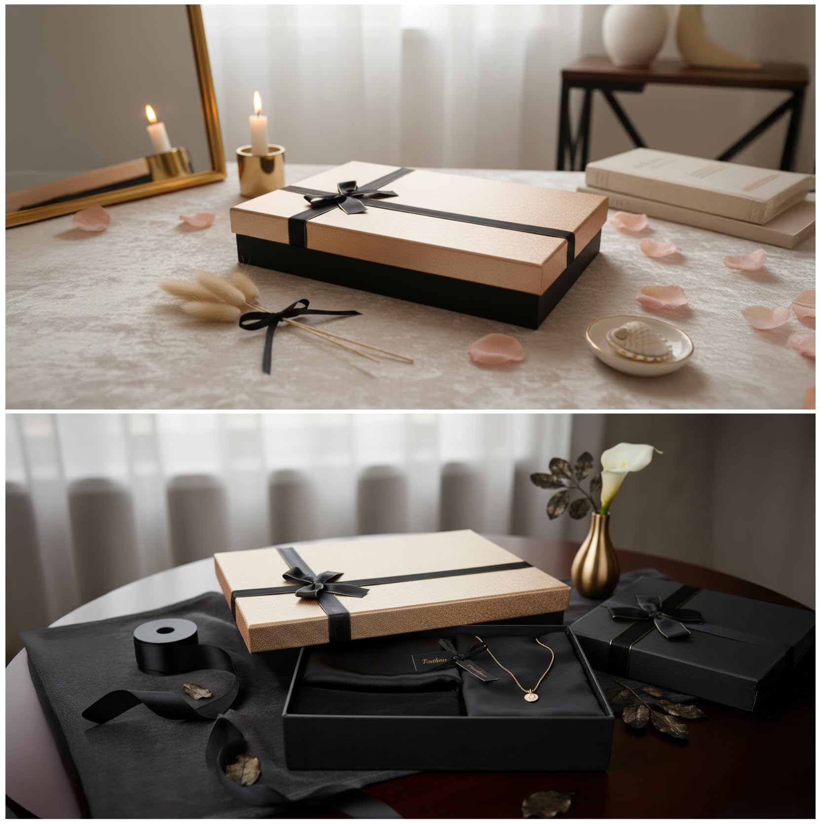 Emartbuy Lot de 2 boîtes cadeaux rigides de luxe - Base noire avec couvercle à paillettes dorées - Paniers rectangulaires pour cadeaux, mariages et cadeaux d'entreprise - Taille L : 42 x 30 x 8,5 cm
