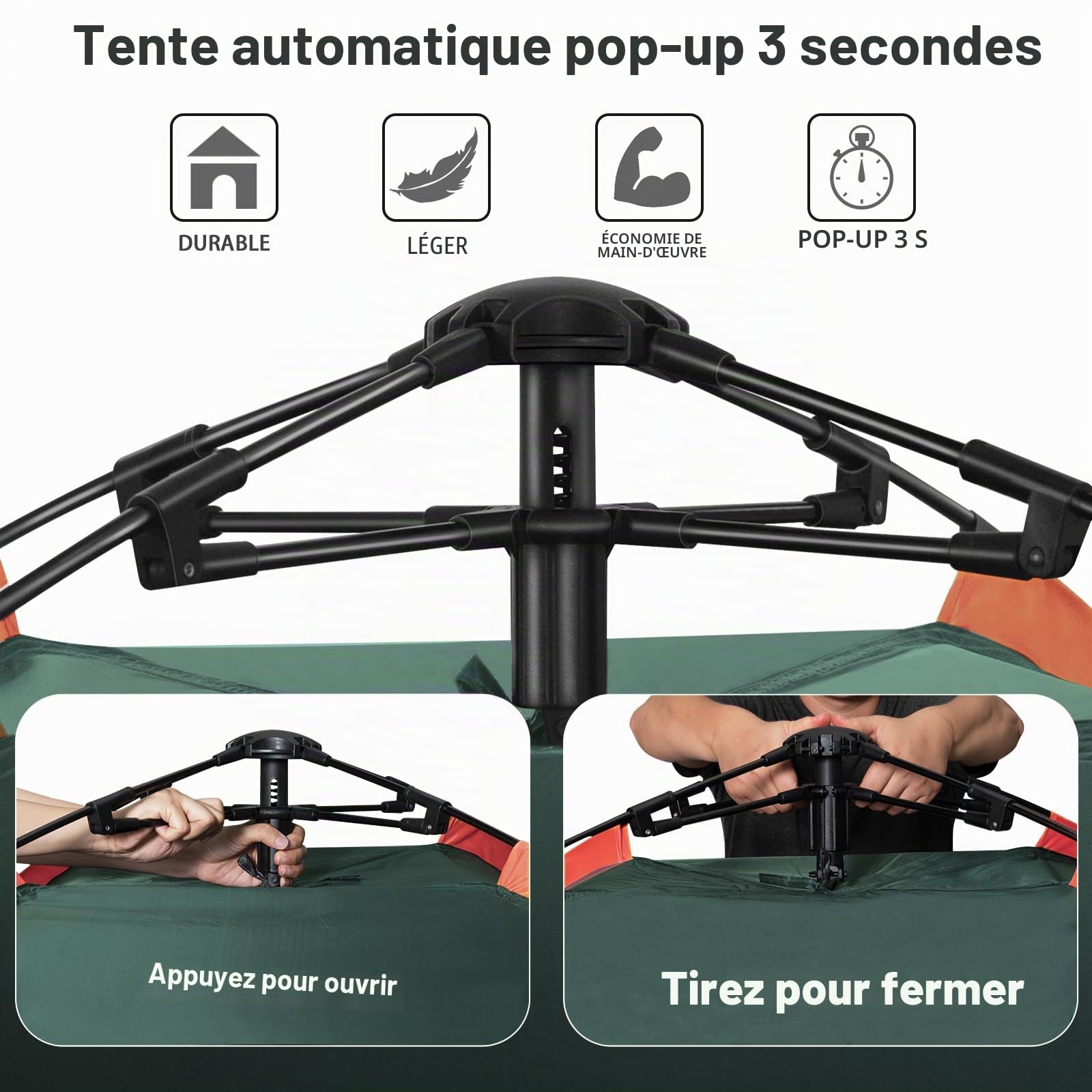 Cflity Tente de Camping Automatique 3 Personnes Pop Up, Instantanée 3 Couches Imperméable 4 Saisons à Dôme & Bâche avec Tapis de Sol Étendu Porche 2 Bâtons