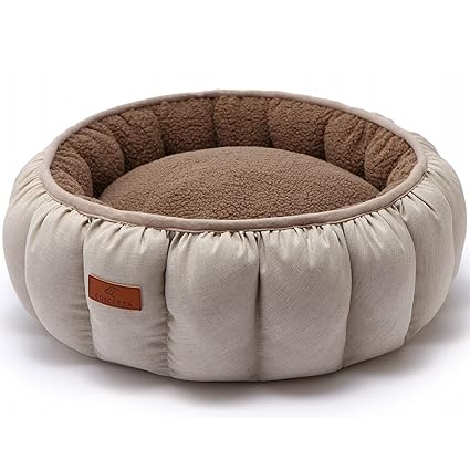 COICCEZA Cat Bed Small Dog Bed Round Cat Beds for Indoor Cats or Small Dogs, Washable Super Soft Plush Pet Supplies Pumpkin Beige