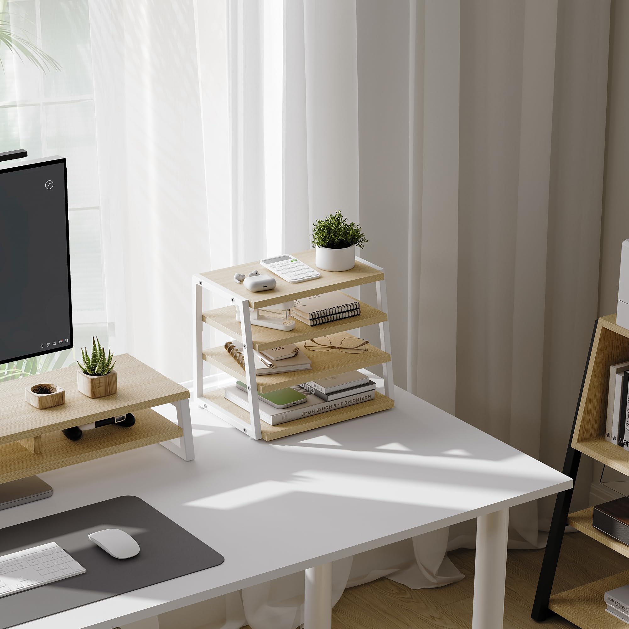 Fenge Organiseur de Bureau À 4 Niveaux en Bois, Banette de Rangement, Support Rangement de Fichiers Lettres, Pour Bureau, Maison, Chêne