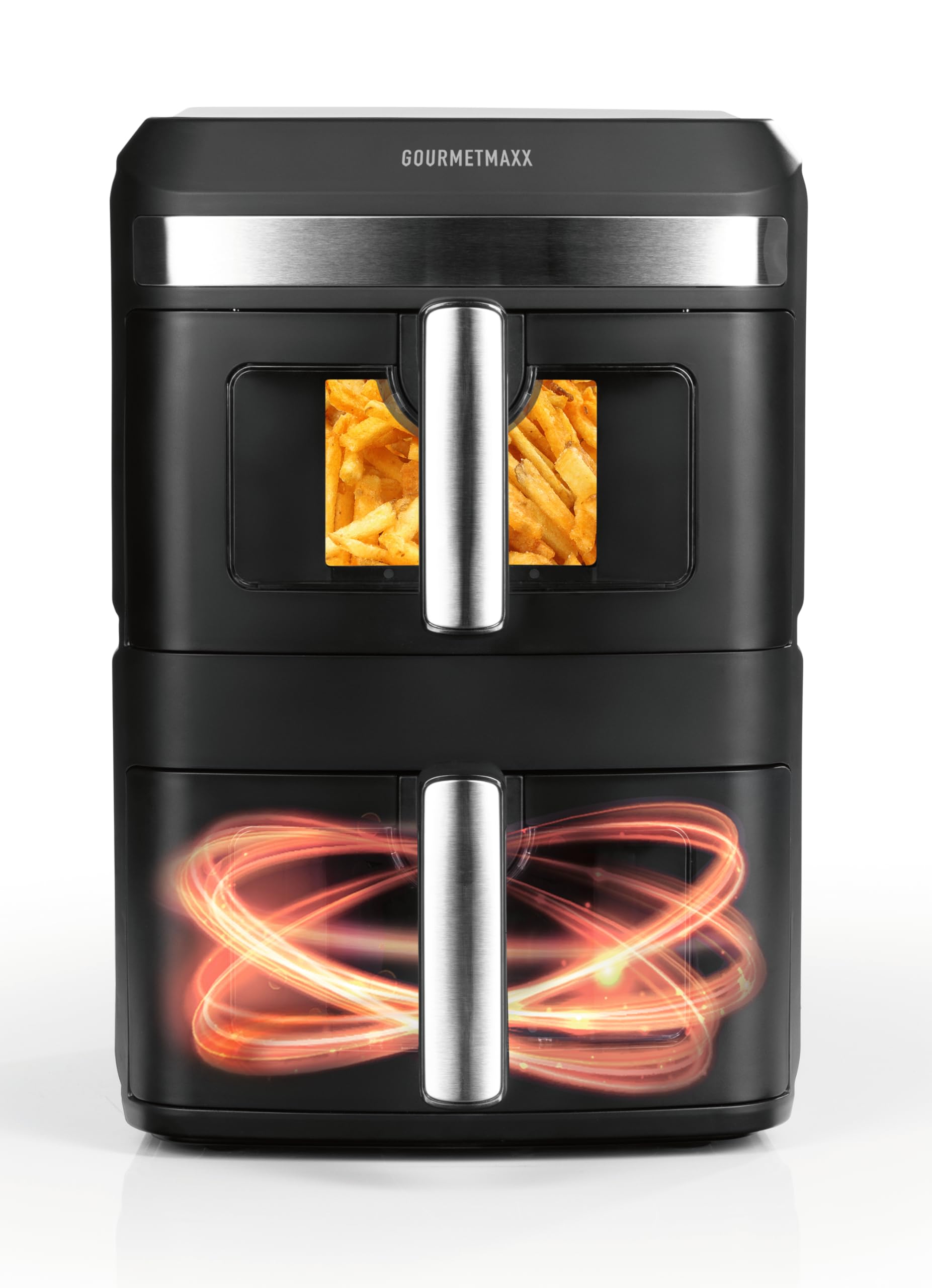 GOURMETmaxx FryUp XL - Friggitrice ad aria calda a doppia camera verticale con finestra – 12 l | Airfryer con display touch LED multicolore da 9,6 pollici e 12 programmi | Friggitrice ad aria calda a