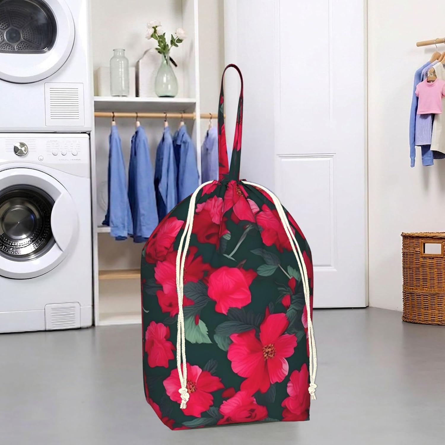 Oxford Red Pink Flower Print Large-capacity drawstring laundry bag with Handles for Dorm,Hotel