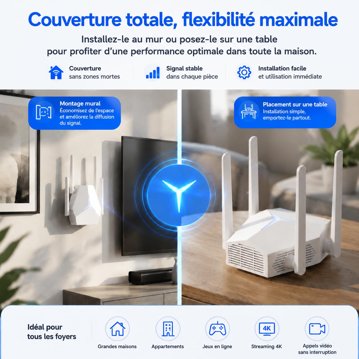 Répéteur WiFi 1167 Mbps Double Bande, Amplificateur de Signal WiFi Longue Portée 3 en 1 Répéteur/AP/Routeur, 2 Ports Ethernet, Indicateur LED et Alimentation Type-C