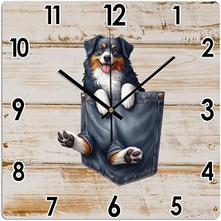 Australian Shepherd Wall Clock 12 Inch Silent Non Ticking Clock Wooden Funny Pocket Dog Wall Clock Battery Operated Rustic Farmhouse Clocks Decor for Kitchen Bedroom