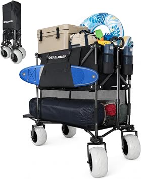 Heavy Duty Beach Wagon with 9x4 Wheels 200L Foldable Wagon Cart, 41" Collapsible Utility Wagon with Side Bag for Beach Essentials, Sports, Camping & Outdoor Black Double Decker