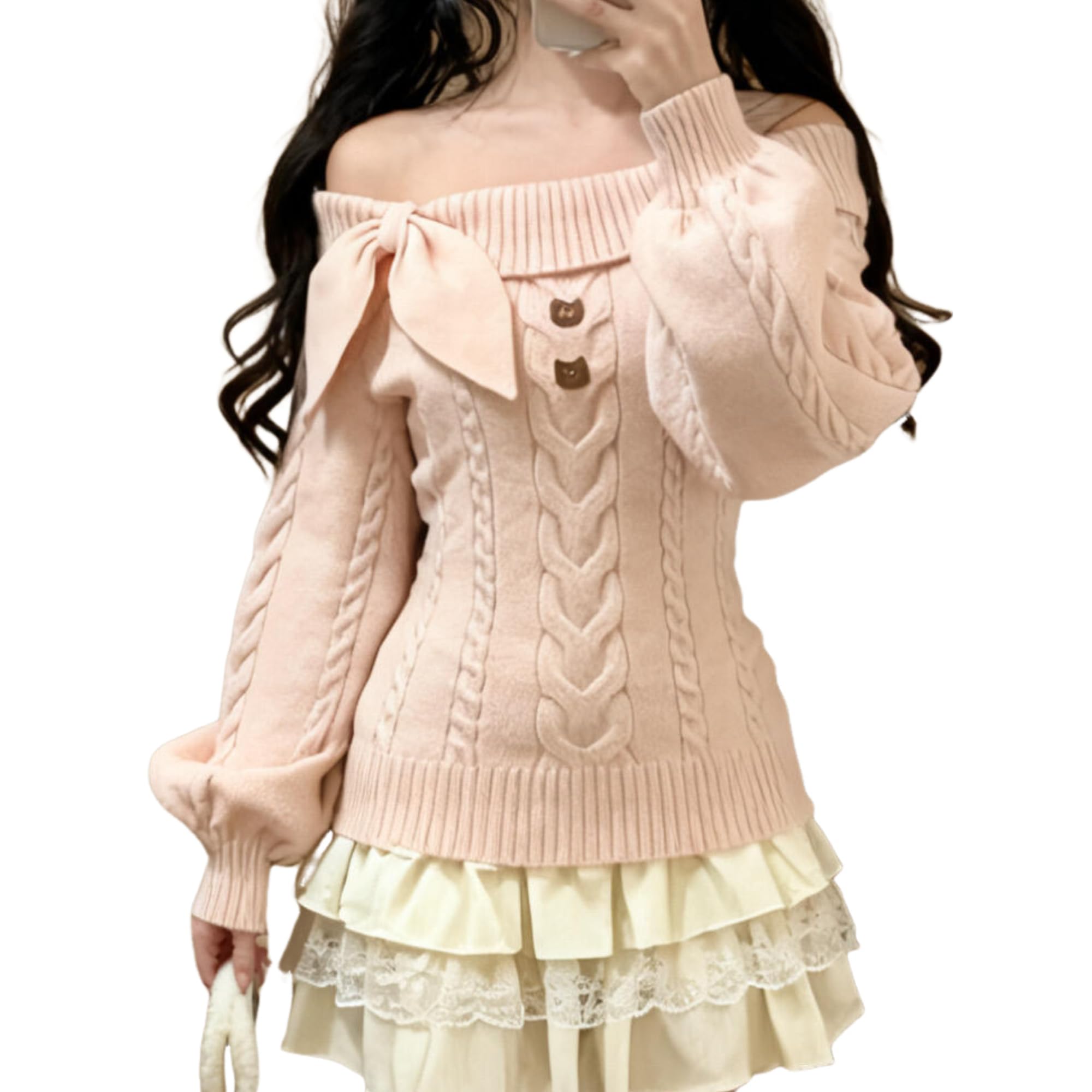Y2k Kawaii Bow Cable Knit Sweater Women Fall Cute Coquette Aesthetic Tops Off Shoulder Cutecore Teen Girls Sweater