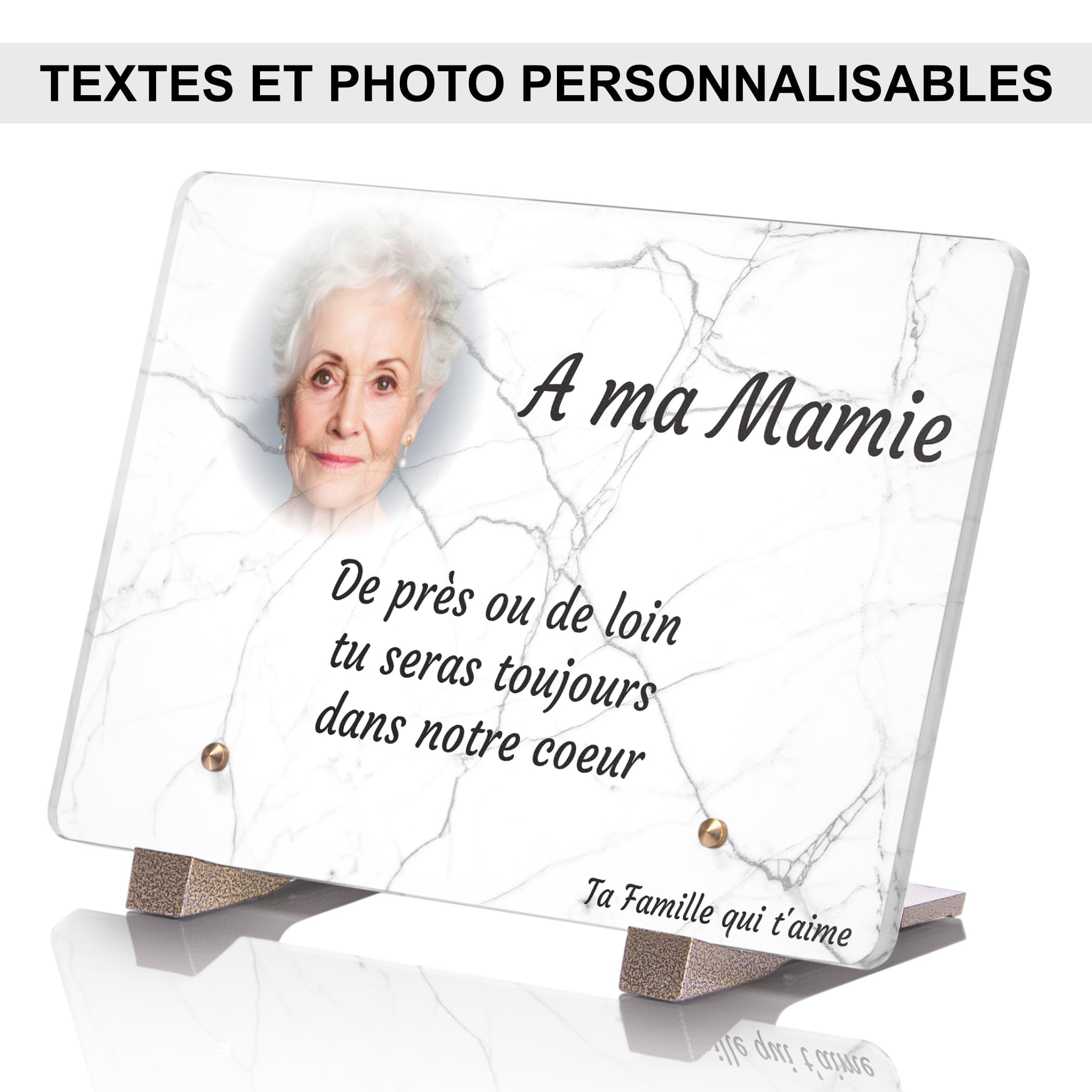 Plaque Funéraire Personnalisable avec Photo - Effet Marbre - Plaque Funéraire Personnalisée avec Photo sans Inter funéraire - Résistante aux Intempéries et Traitée Anti UV (22,5x15 cm (Moyen))