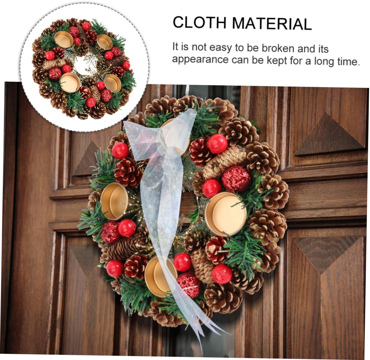GALPADA Christmas Candleholder with Handmade 27cm Garland Wreath, Unique Desktop Decor for Holiday Home, Practical Festive Candlestick Ornament