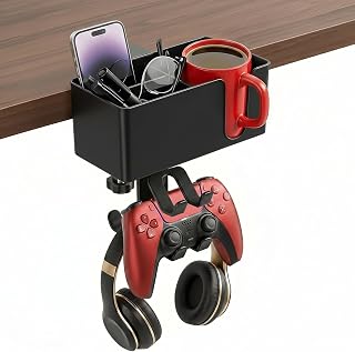 5 in 1 Desk Cup Holder Clamp, Detachable Pencil Holder | with Rotating Headphone Hanger & Controller Holder, Desk Organizer for Cup, Pen, Phone, Gaming Office Desk Accessories