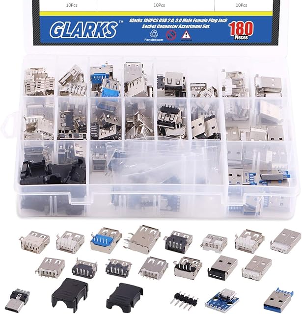 Glarks 180Pcs Micro Sockets USB 2.0 3.0 Type A Male Female Plug Connector Jack Solder USB Repair Replacement Adapter Assortment Set