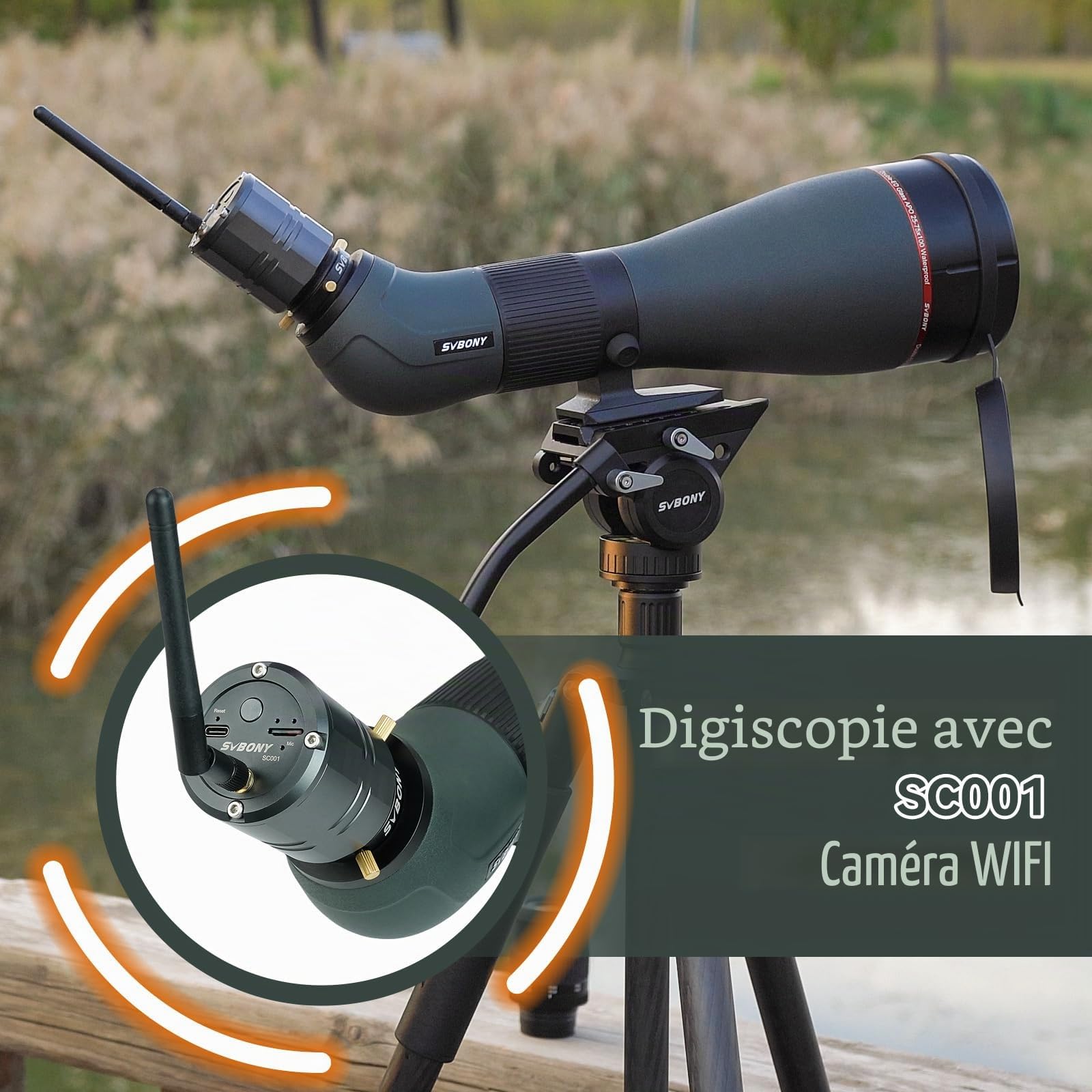 Svbony SA401 APO Longue Vue, 25-75X100mm Objectif Double Ed Apochromatique Revêtement FMC, IPX7 Imperméable Oculaire Amovible Puissante, avec la Caméra WiFi SC001 pour Observation des Oiseaux