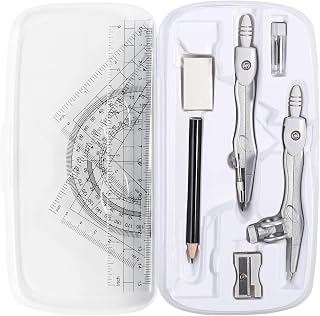 Math Geometry Kit Sets 10 Piece Student Supplies with Shatterproof Storage Box,Includes Rulers,Protractor,Compass,Eraser,Pencil Sharpener,Lead Refills,Pencil,for Drafting(White)