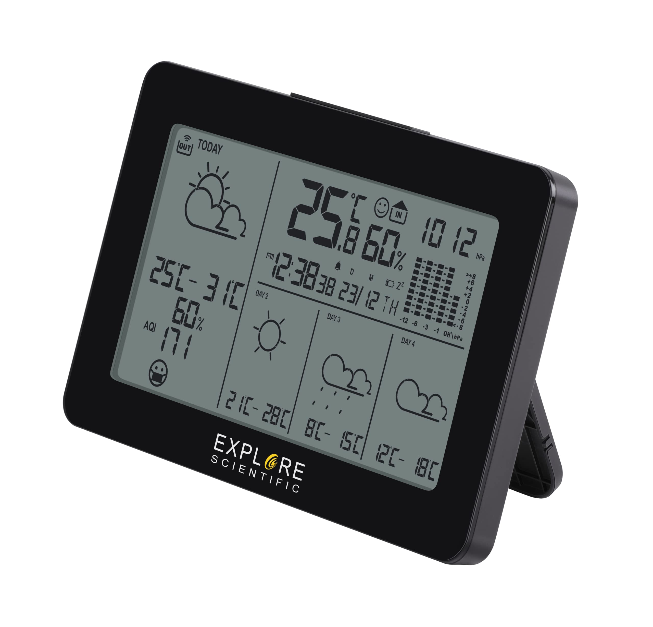 Explore Scientific WSH4103 Stazione meteorologica smart Wifi, sincronizzazione automatica dell'ora, piattaforma Tuya, temperatura, umidità e previsioni del tempo consultabili anche da App, nero