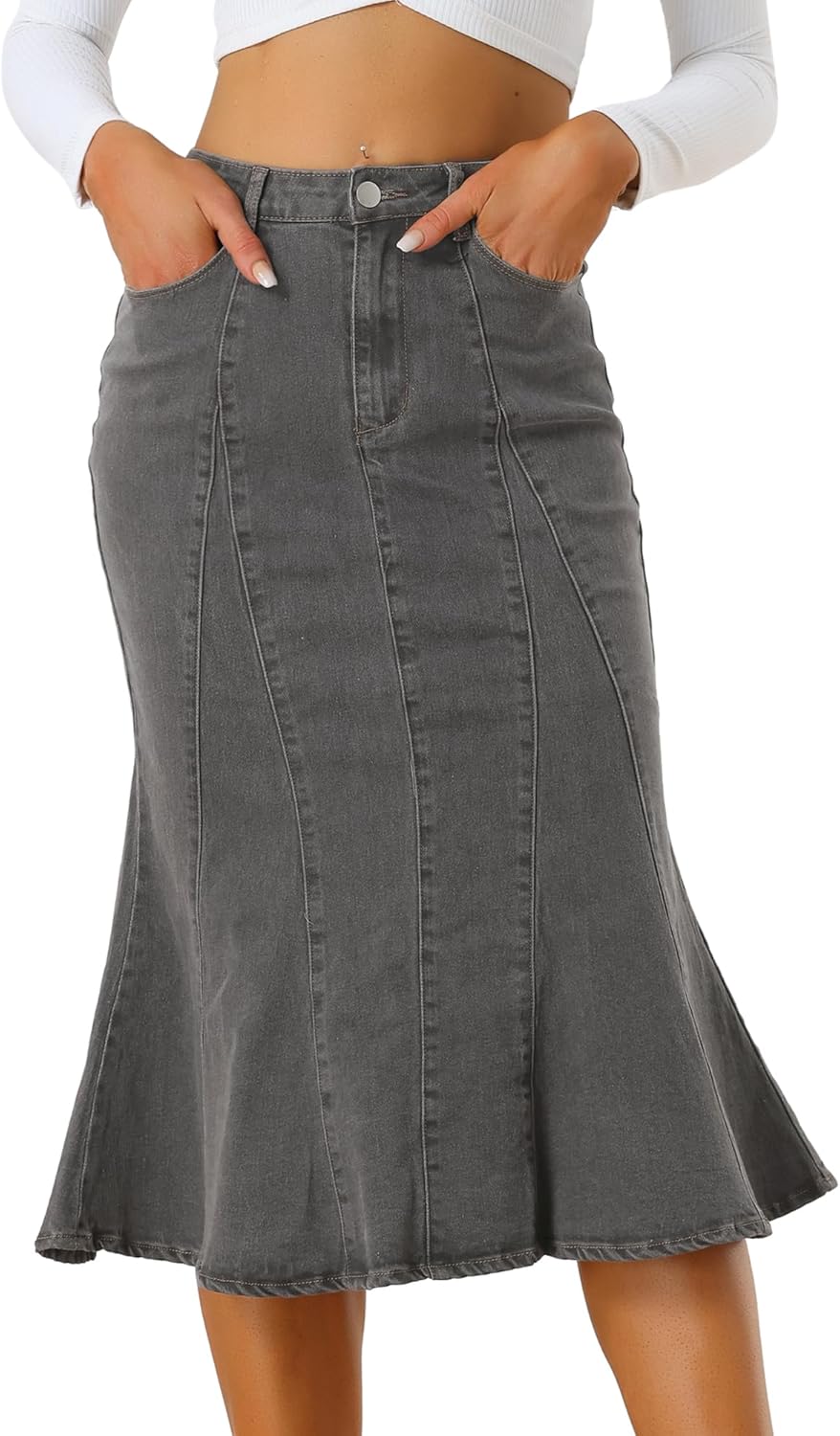 Allegra K Women's Ruffle Denim Skirt Midi Bodycon High Waist Fishtail Jean Skirts