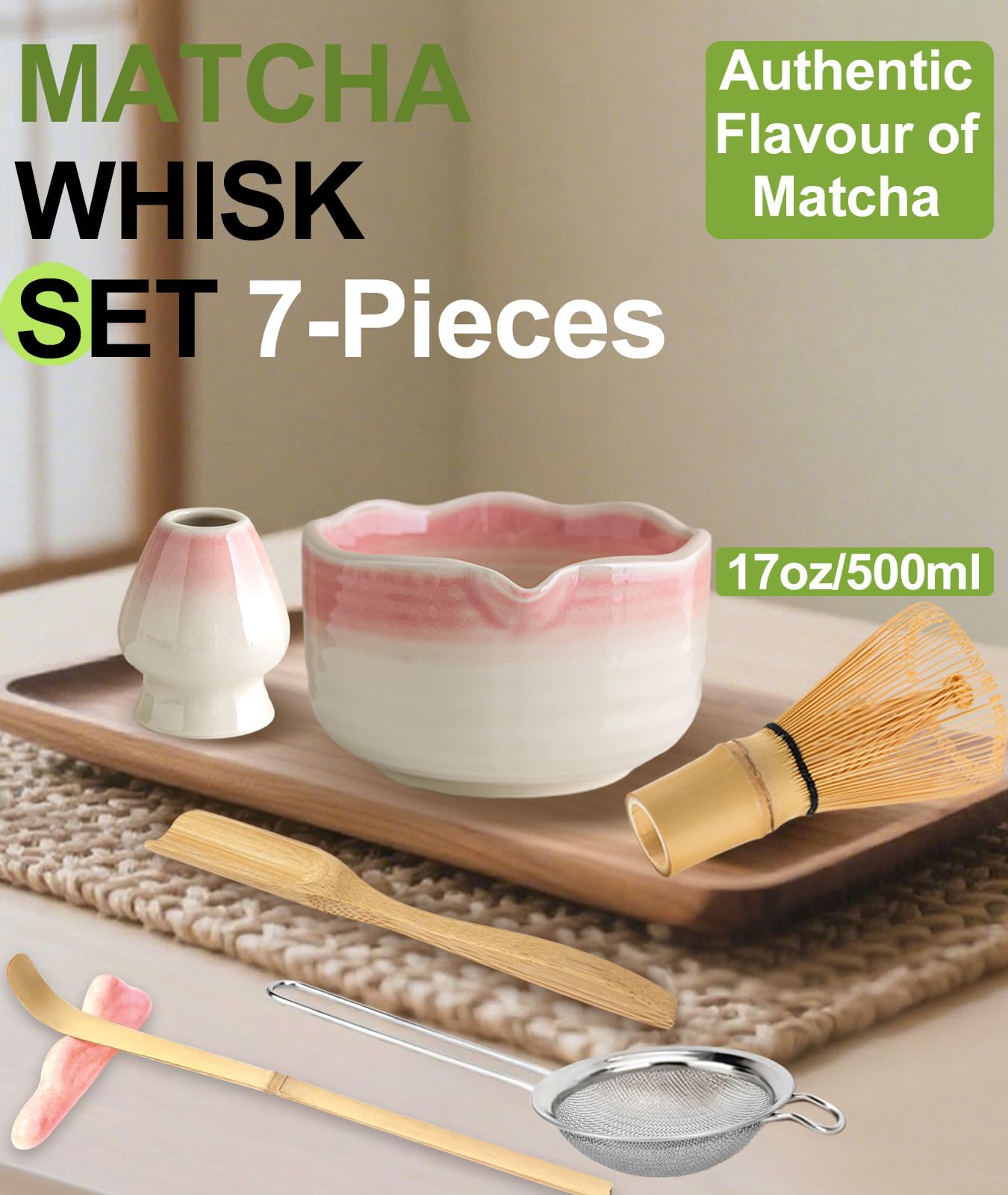 JBER Matcha Whisk Set, Ceramic Matcha Set Includes Bowl & Holder, Bamboo Whisk (Chasen), Sifter, Scoop, Spoon & Rest - 7PCS Matcha Kit Gift for Matcha Lovers & Beginners, Gradient Pink