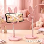 OATSBASF Cute Bunny Phone Stand Adjustable Pink Phone Holder for Phones | Weighted Base Kawaii Desk Accessories, Aesthetic Room Decor Gift for Women/Girls/Kids, Compatible with All Phones