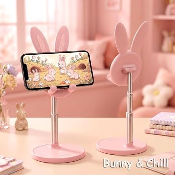 OATSBASF Cute Bunny Phone Stand, Adjustable Pink Cell Phone Holder for Desk, Weighted Base Kawaii Desk Accessories, Aesthetic Room Decor Gift for Women/Girls/Kids, Compatible with All Phones