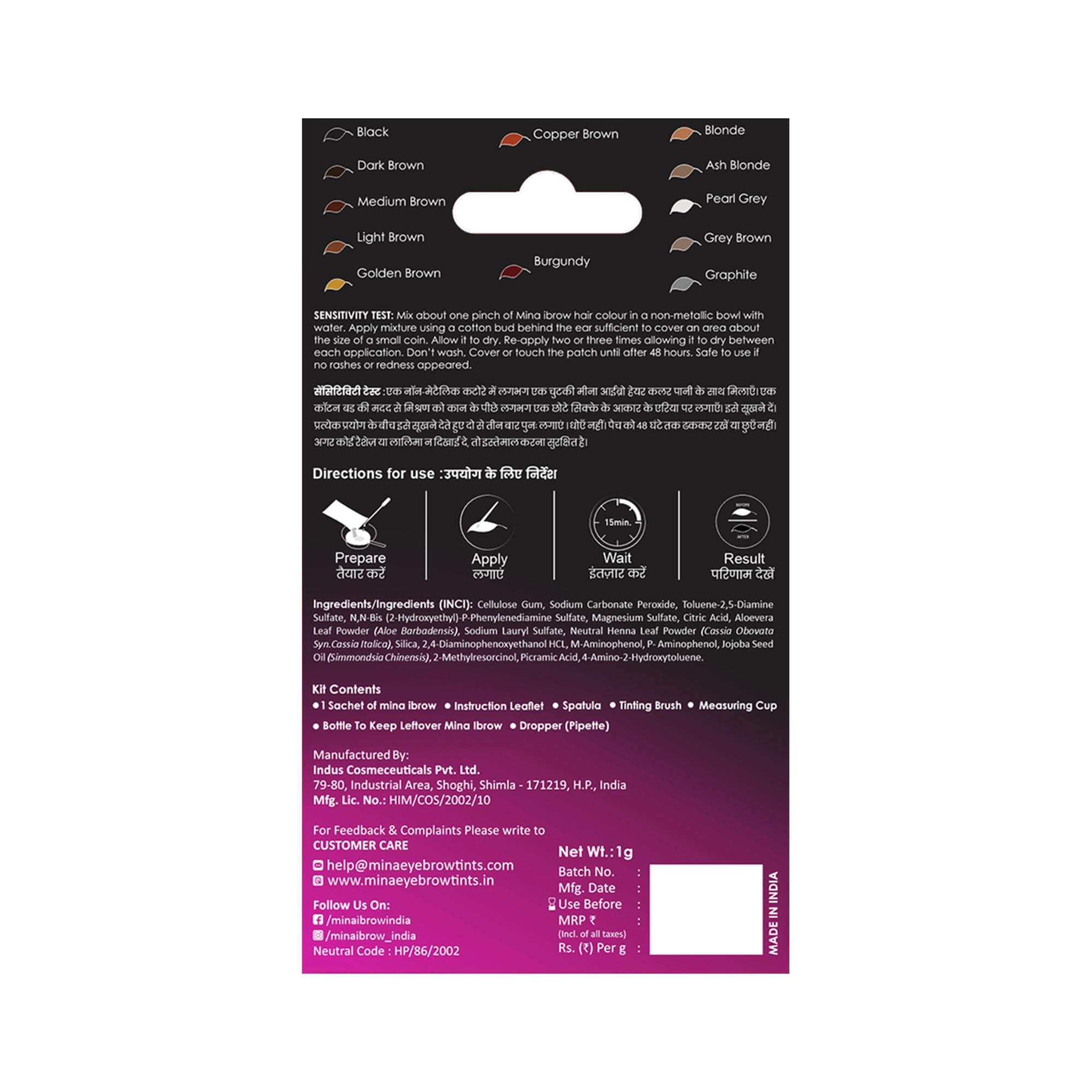 MINA ibrow - Kit regular de color henna de larga duración con agua de rosas para solución de fijación de henna | Para colorear manchas y retoques | Cobertura 100% gris (marrón medio)