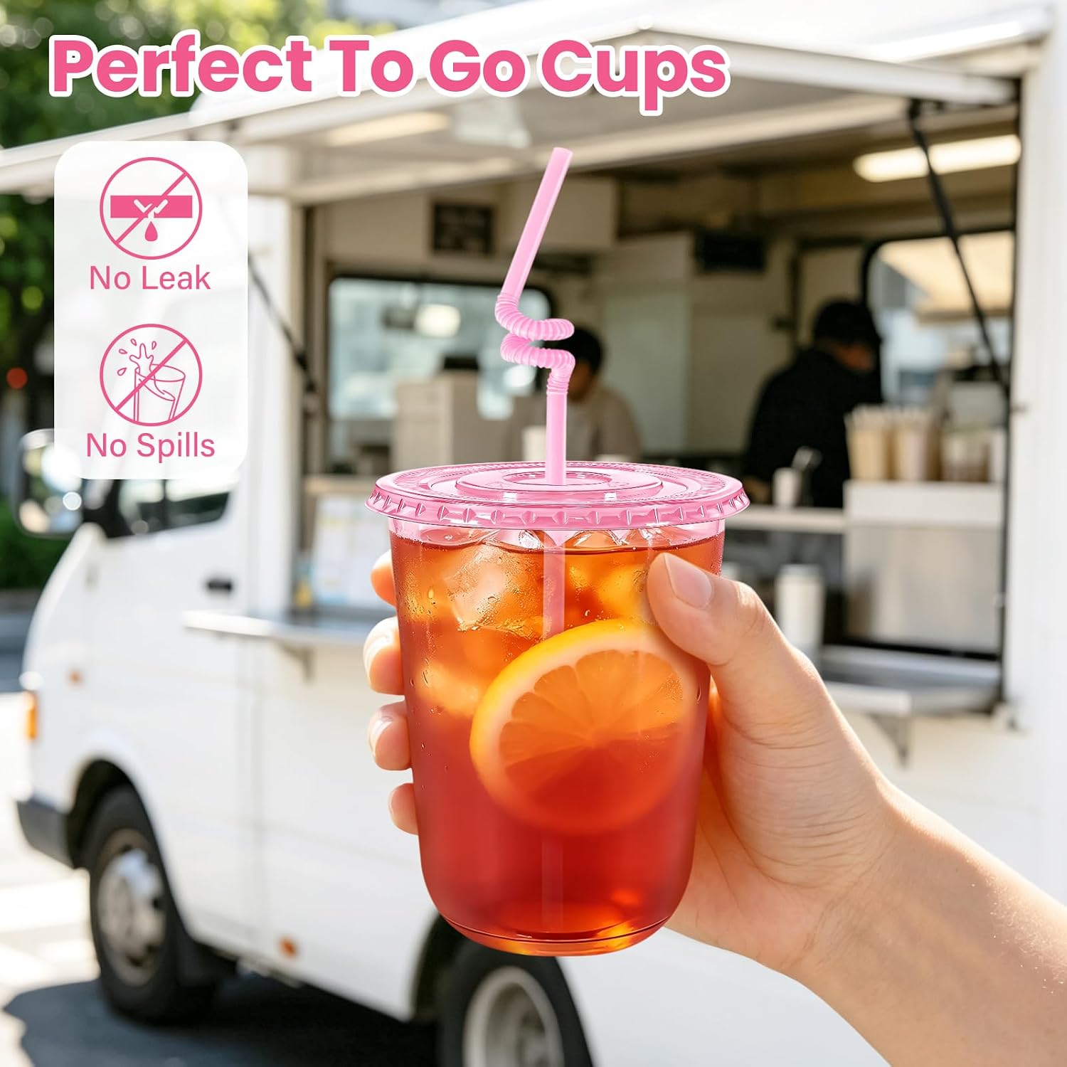 100 Pcs Pink Disposable Plastic Cups with Lids and Straws -16oz image 5