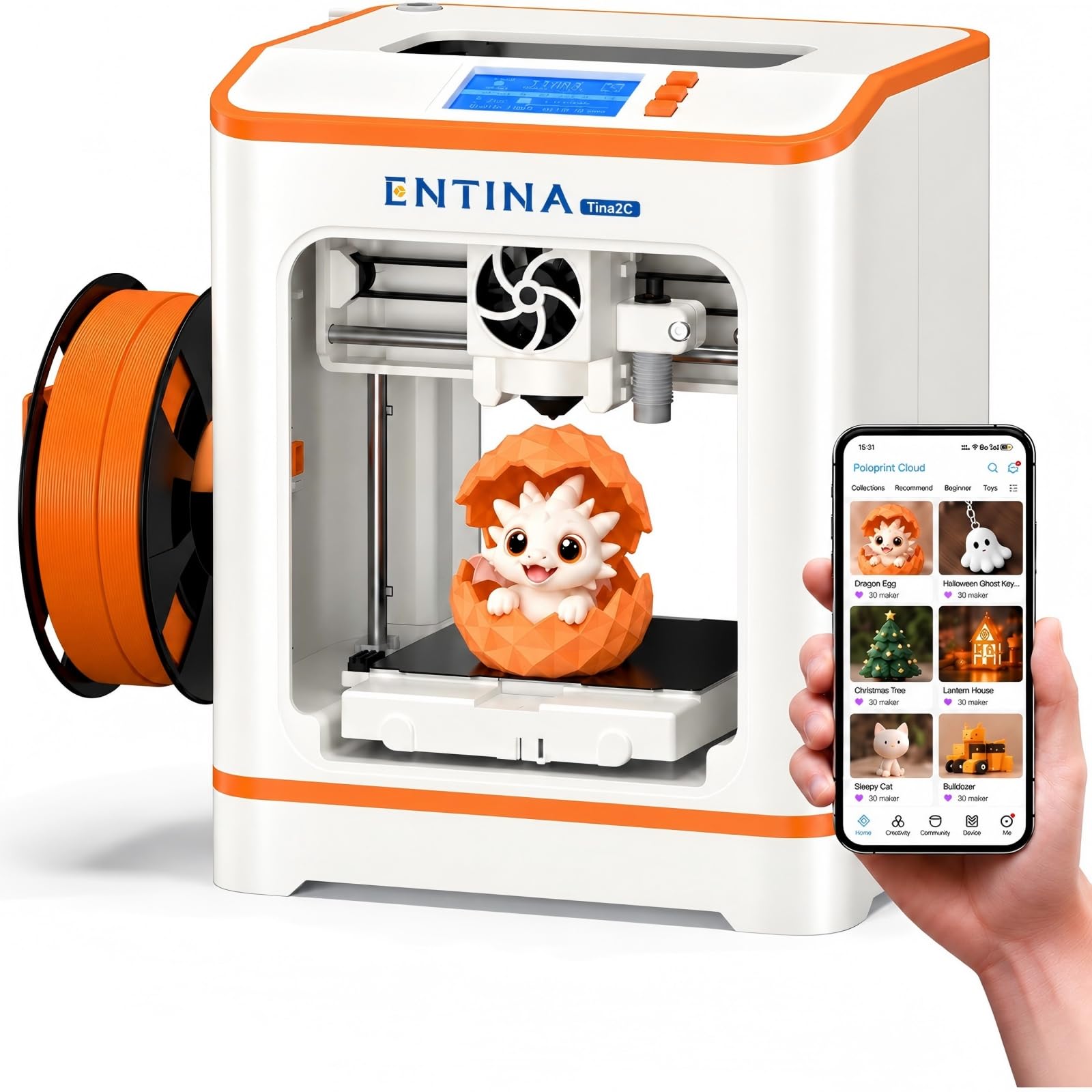 Entina Tina2C 3D Printer for Beginners & Kids, Fully Assembled Mini 3D Printer, 5-Minute Setup, Auto Leveling, WiFi & App Control, 3500+ Models, 25+ DIY Projects, Quiet Printing for Home & STEM