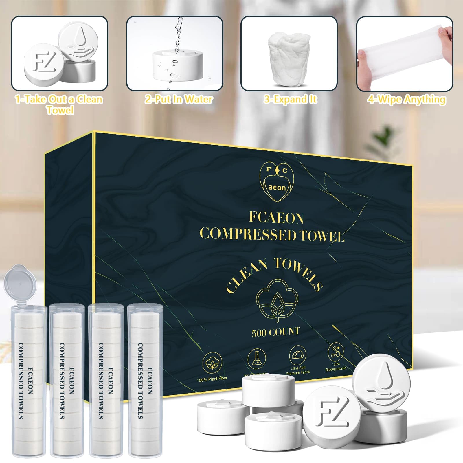 Asciugamani Compressi,Asciugamano per il Viso Usa e Getta Ultra Morbido,Salvietta per il Viso Spessa,Fazzoletti di Cotone per Struccarsi Pelle Sensibile Allattamento Viaggio(500 Unità Blu)