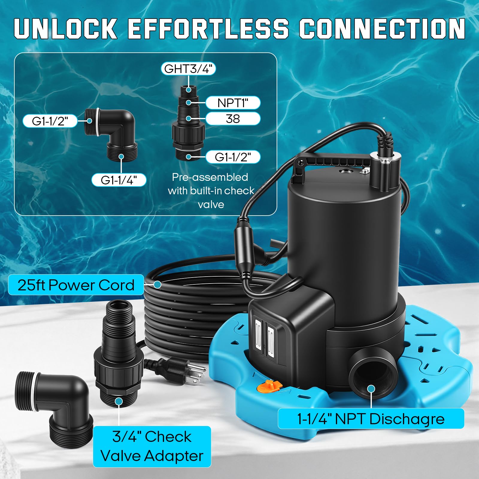 Bomba de agua automática de 1/3 HP, bomba de sumidero sumergible de 3035 GPH con red de filtro, cable de alimentación de 25 pies y válvula de retención, eliminación de agua