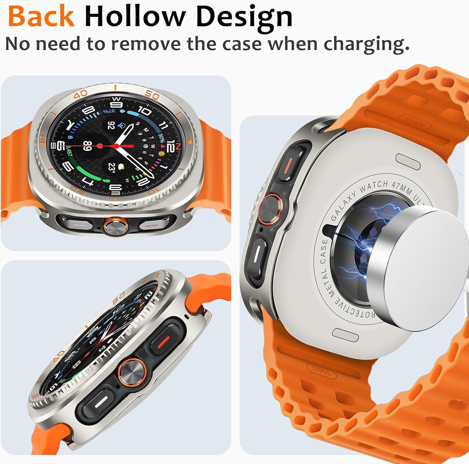 Amizee 3 in 1 Metal Case for Samsung Galaxy Watch Ultra/Ultra 2(2025) 47mm with Screen Protector, Rugged Bumper Scratch Resistant Protection Cover for Galaxy Watch 7/8 Ultra, Numeric-Titanium/Orange - Image 5