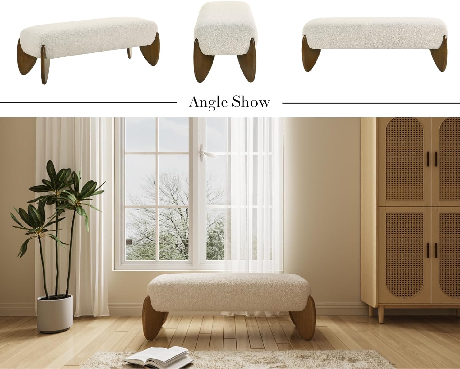 CIMOTA Boucle Entryway Bench Modern Beige End of Bed Bench for Bedroom/Hallway Mudroom/Living Room, Window Bench with Padded Seat/Scalloped Wooden Legs, 50 Inch Long/Sherpa