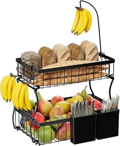 Simple Trending Frutero de metal de 2 niveles con 3 ganchos de plátano, cesta de frutas y verduras para encimera, organizador de cocina con caja de