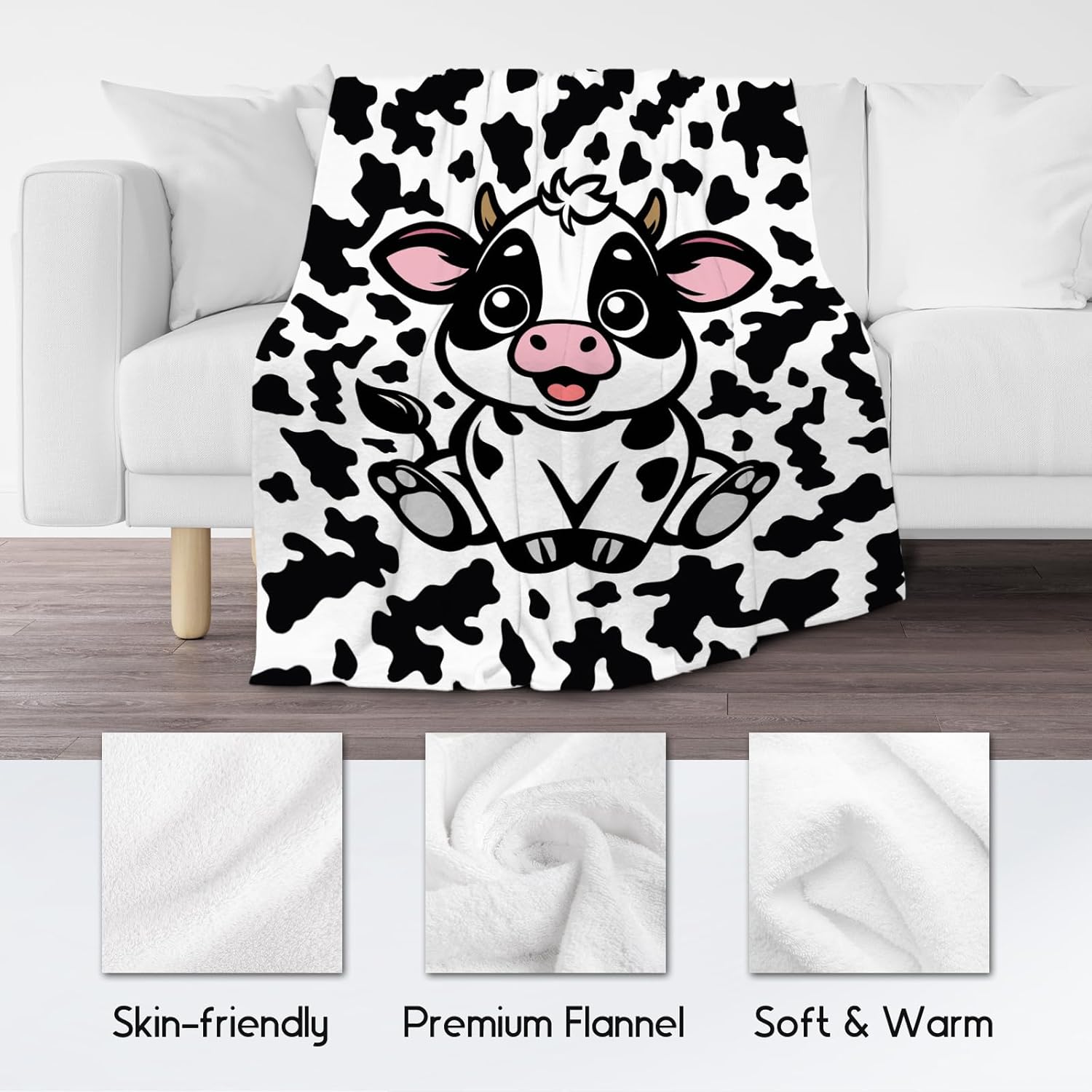 Cow Blanket, Cozy Soft Throw Gifts for Girls, Cute White Flannel Throw Blankets for Couch Office, 40x50 Inches