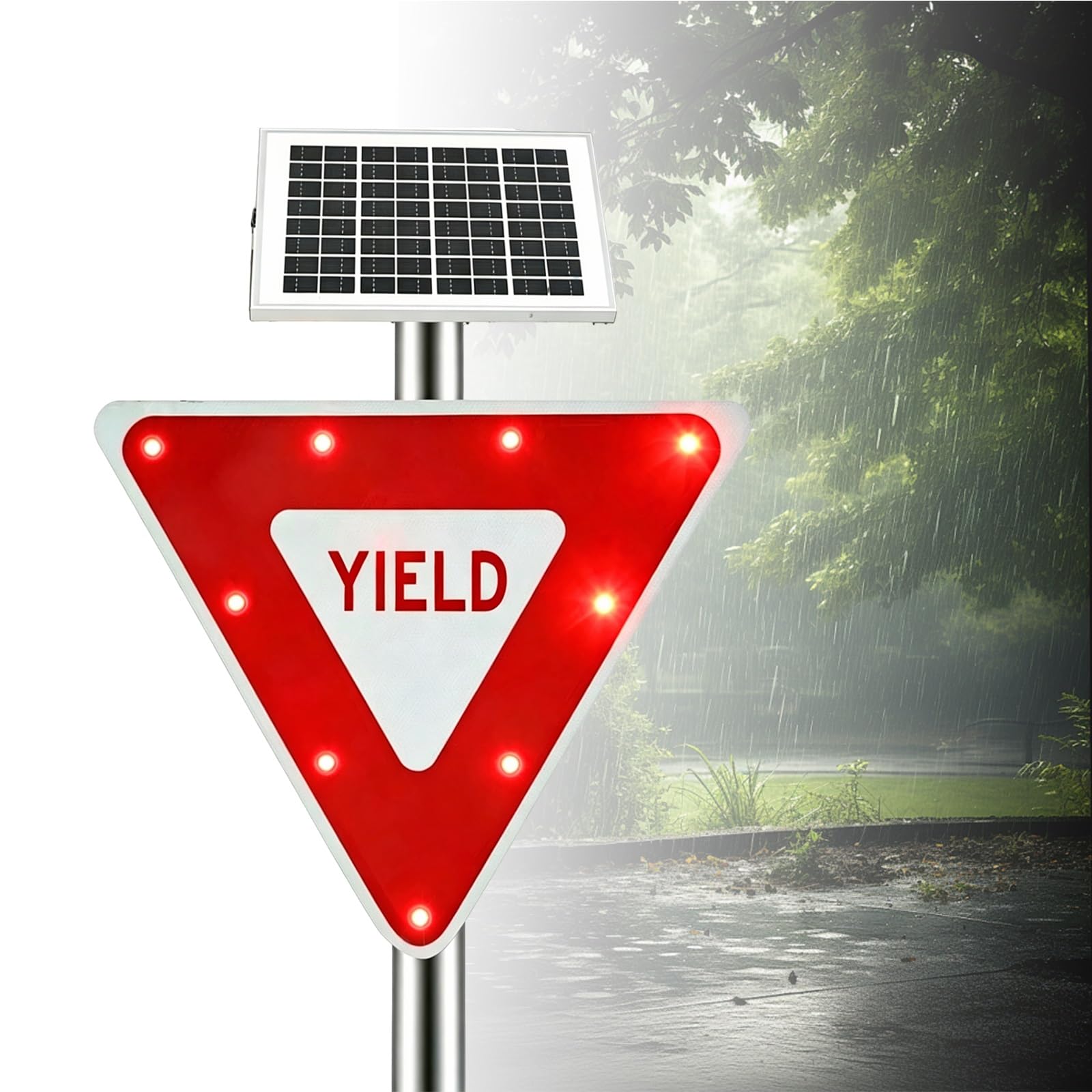 Solar LED Flashing Yield Sign, Solar Powered Flashing Yield Sign, Metal Frame, with a Flashing Indicator Light, Reflective Film, IP65 Waterproof, for Neighborhoods