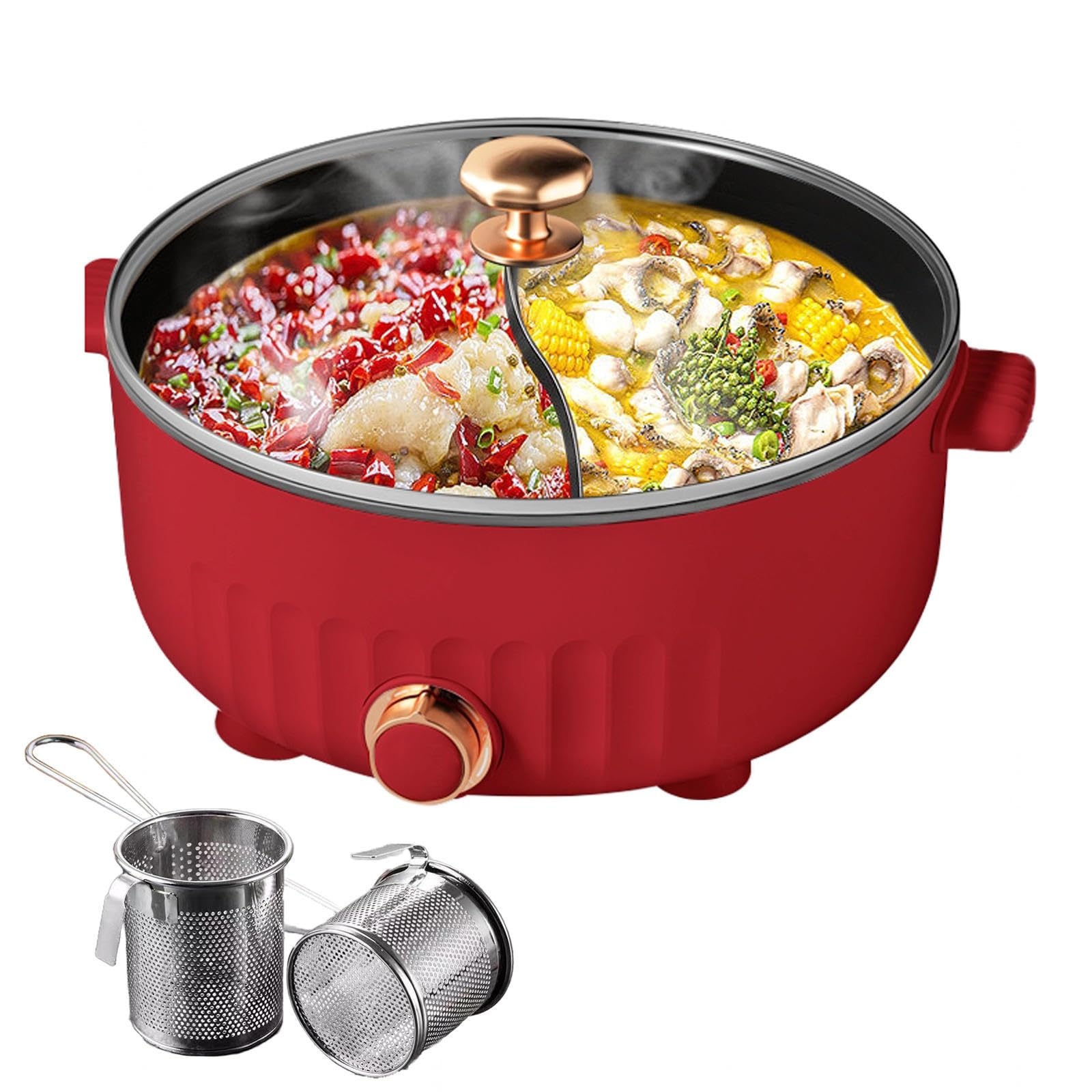 ARTSIM Appareil Fondue, Coupure Automatique De L'Alimentation Appareil Fondue Chinoise Electrique IdéAl pour Les RéUnions De Famille (avec 2 Filets Non éTanches),Red