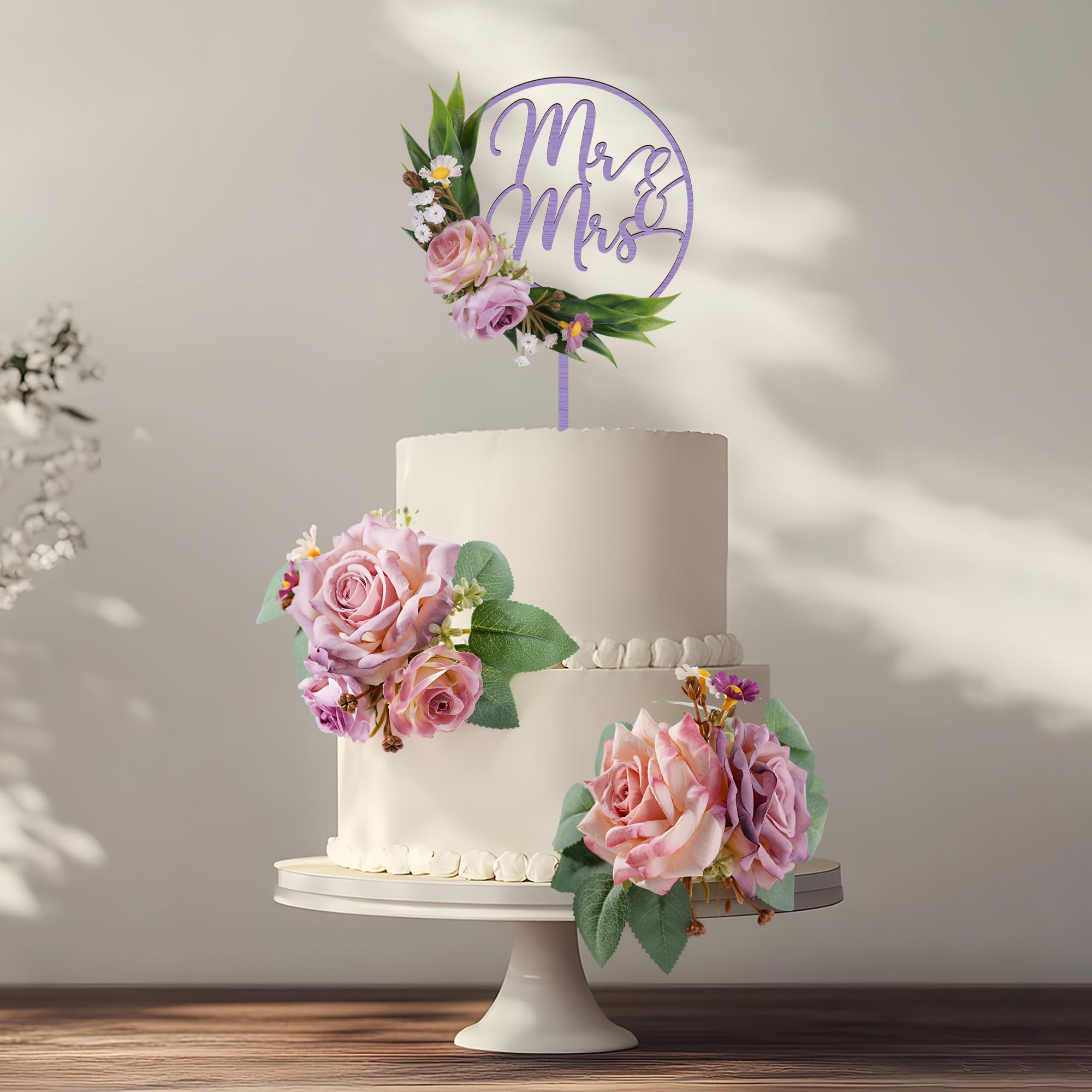 1 Pièce Bois Mr&Mrs Cake Topper Mariage & 2 Pièces Roses Violette‌s 3D Fleurs Artificielles Décoration Gâteau Mariage（Violet‌）
