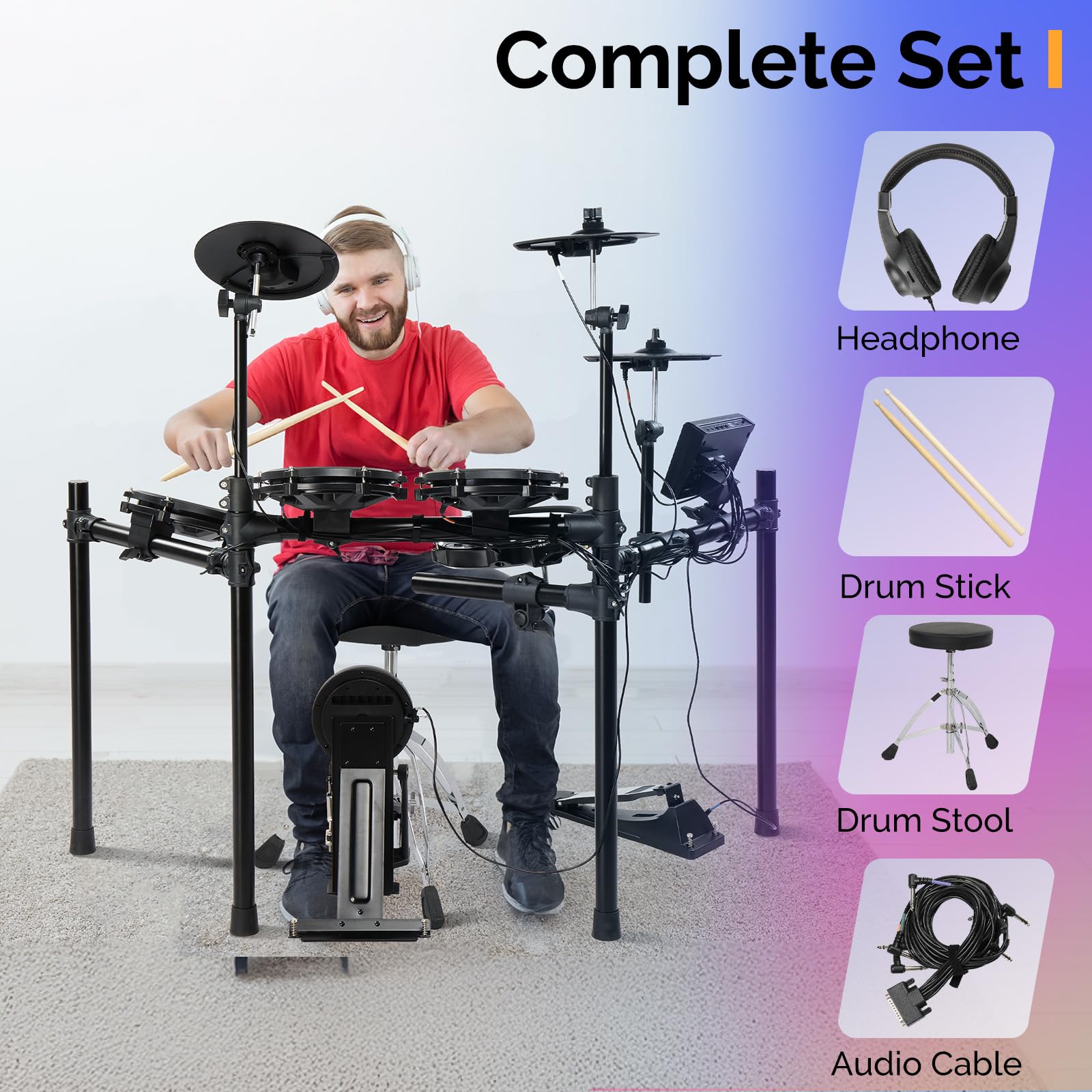 GLARRY 10" Dual Zone Snare Electric Drum Set, 5 Pads, 3 Cymbals Full Size Adult Drum Set, 30 Kits and 450 Authentic Sounds,TFT Color Display, USB MID