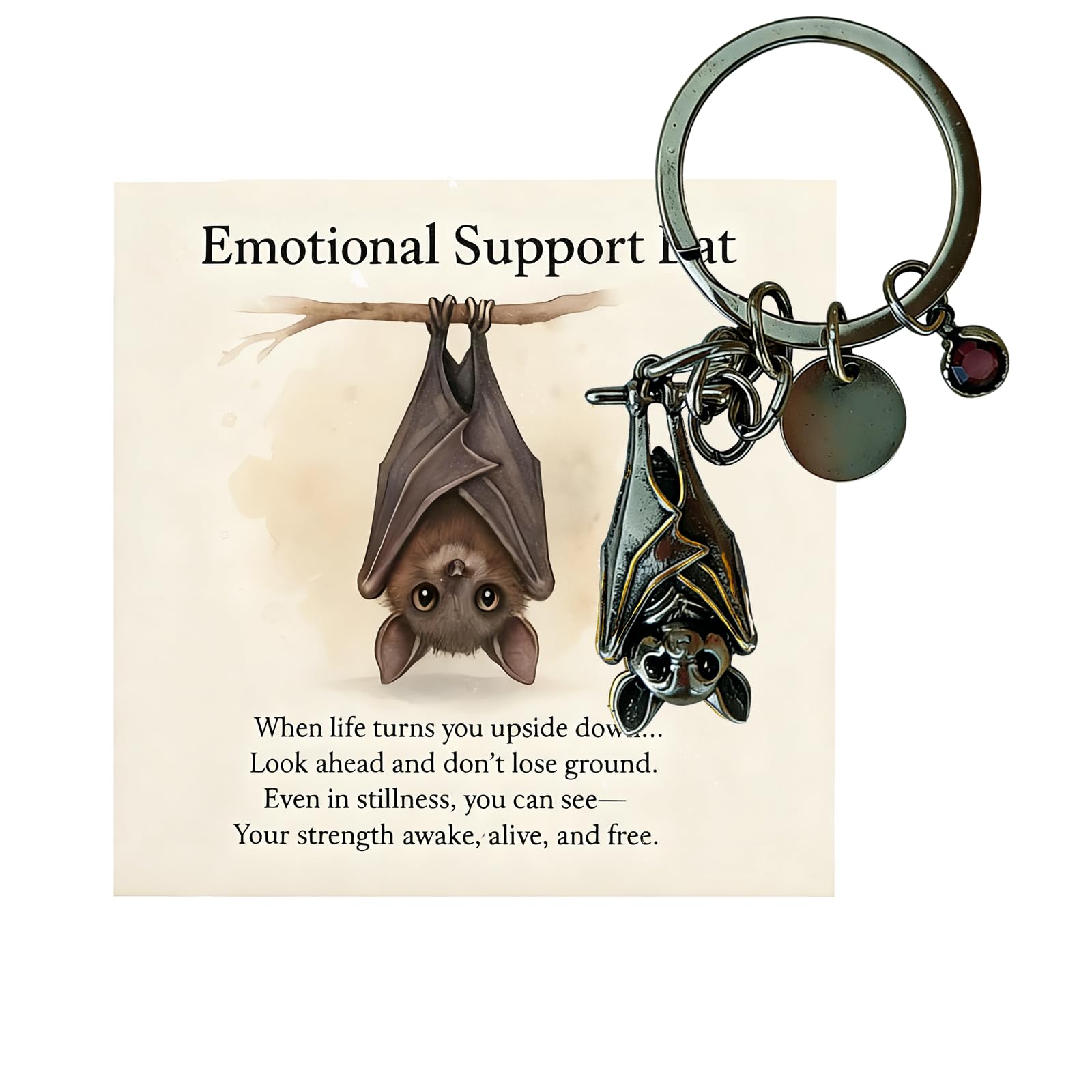 Emotional Support Bat Inspirational Keychain, Courage In Hanging Upside Down Metal Bat Pendant Friendship Gift Jewelry