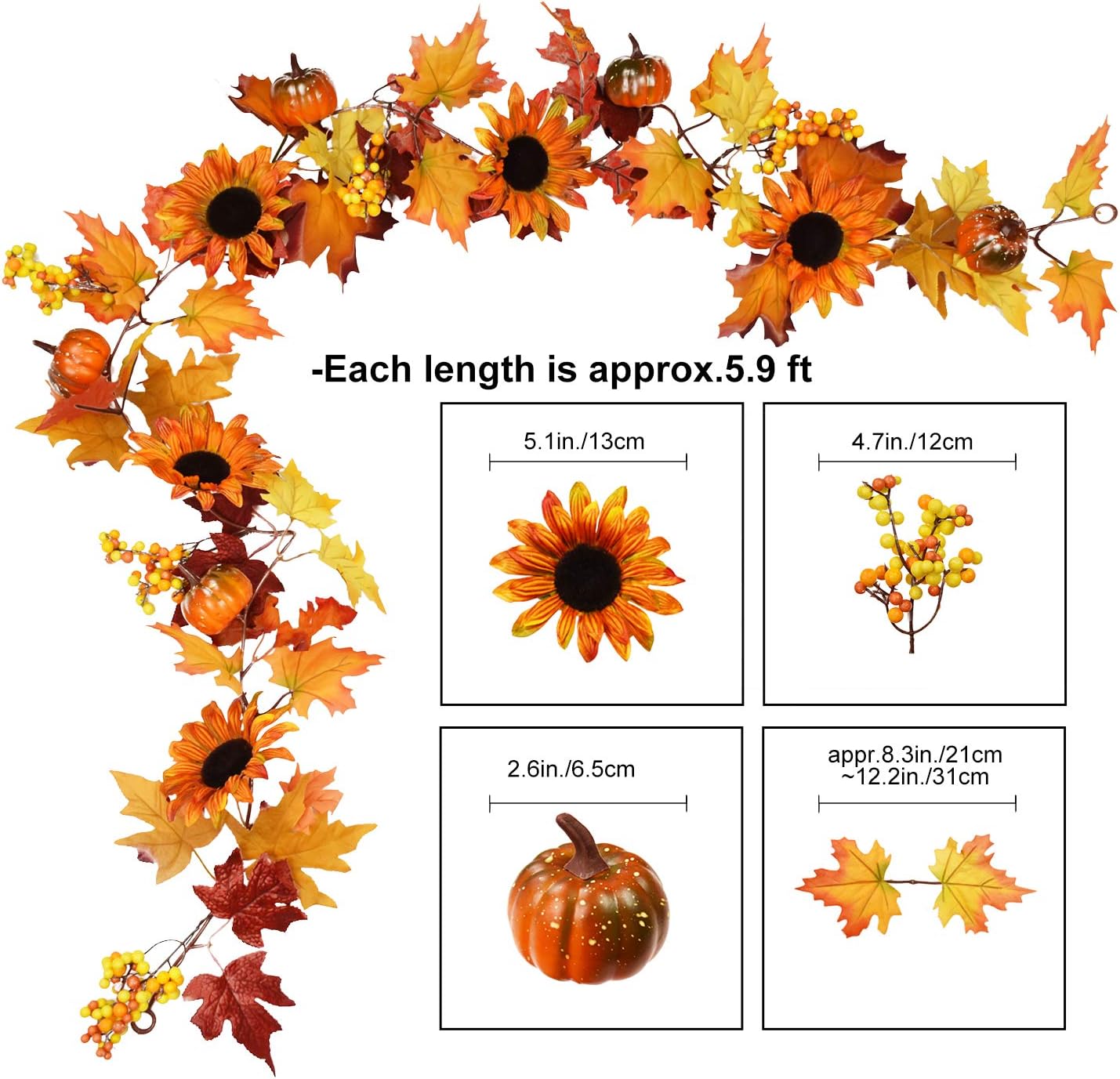 Sunm Boutique 6 Ft Artificial Maple Leaf, Berries Sunflower Pumpkin Garland, Fall Maple Leaf Garland, Sunflower Pumpkin Decor Hanging Vine Decor Autumn Fall Wedding Party Thanksgiving Home Decor