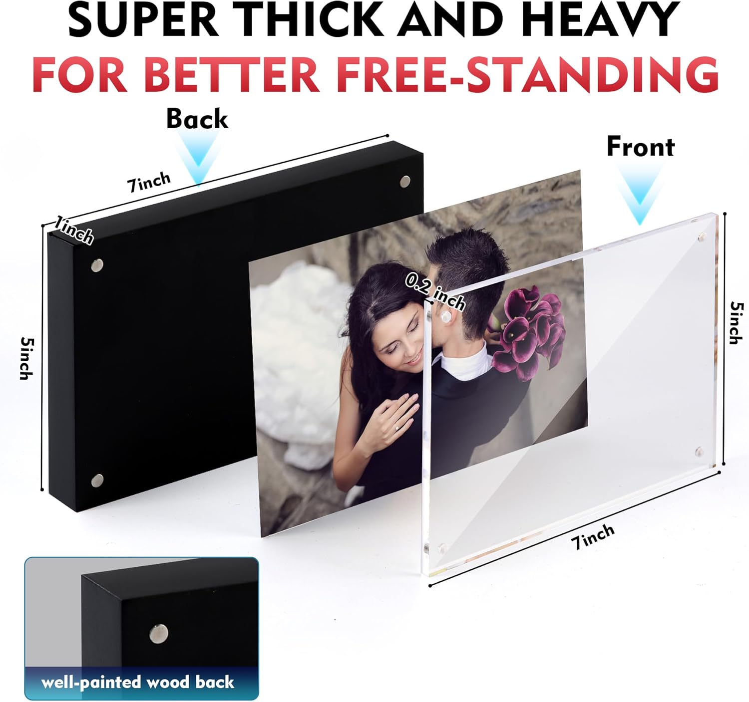 5x7 Inches Acrylic Photo Frame, 3 Pack Clear Frameless 5x7 Picture Frames with Magnetic, Transparent Front & Black MDF Backboard, Minimalist Tabletop Display for Home/Office Decor