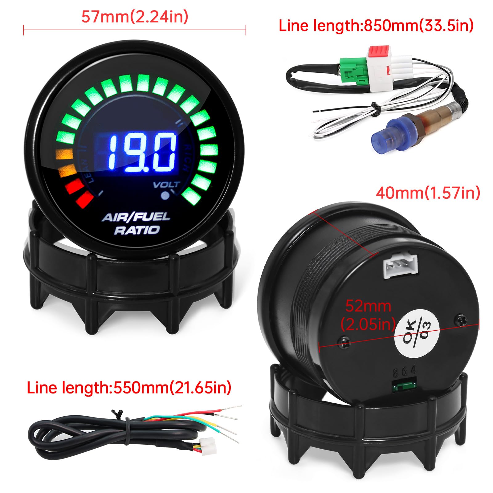 Misuratore per auto e carburante, da 52 mm, con display digitale a LED blu con banda stretta O2, sensore di ossigeno, 12 V