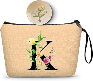 A-Z Teacher Gifts for Women, Khaki Initial Makeup Bag with Mirror, K | Birthday Gifts for Women Friendship,Bridal Shower Bachelorette Party Wedding Gift Cosmetic Bag for Sister Mom Aunt Grandma