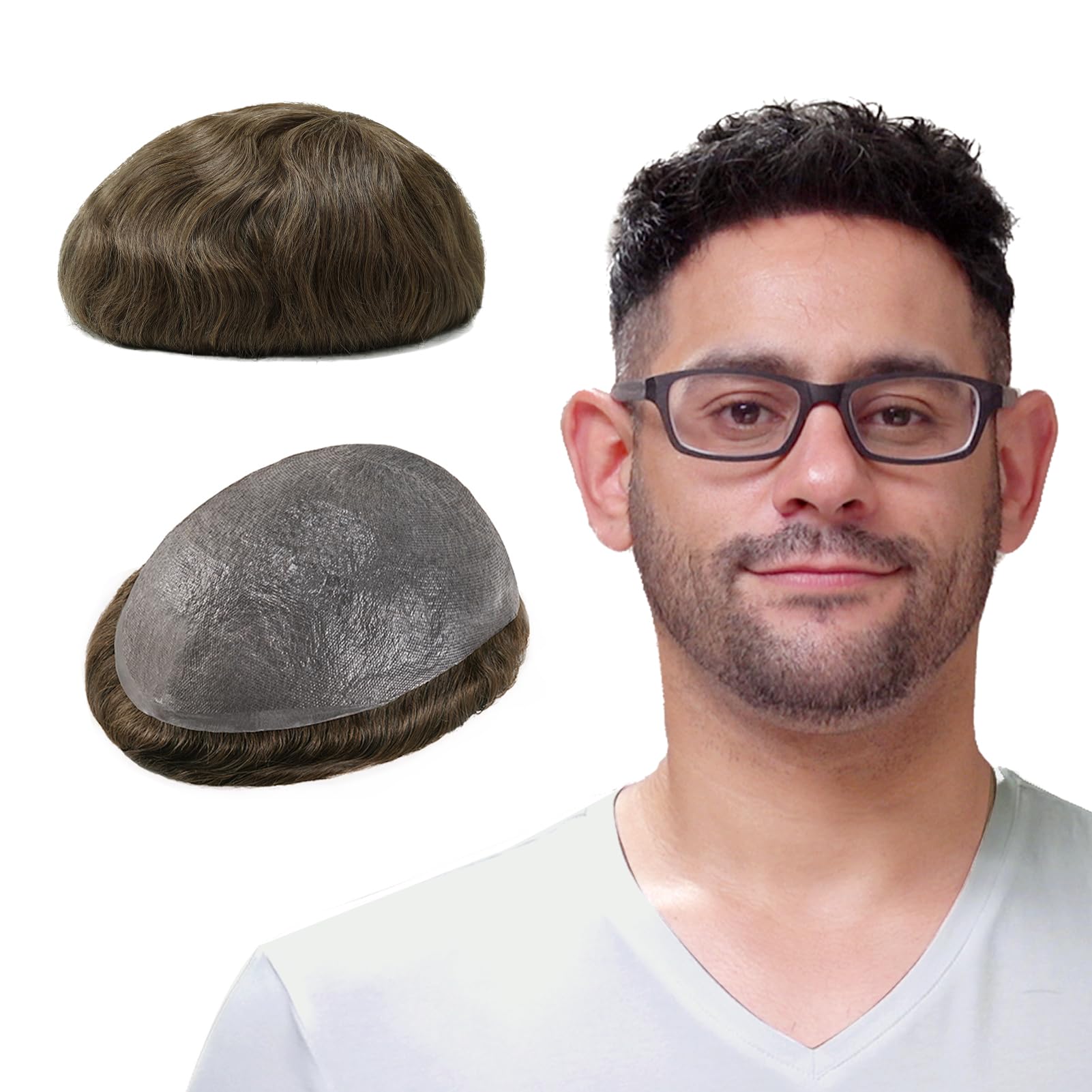 Lordhair Toupee for Men with 100% European human hair 8x10 inch Hairpiece for Men 0.03mm Ultra Thin Skin Hairsystem All V-looped Mens Toupee (Light Brown 7)