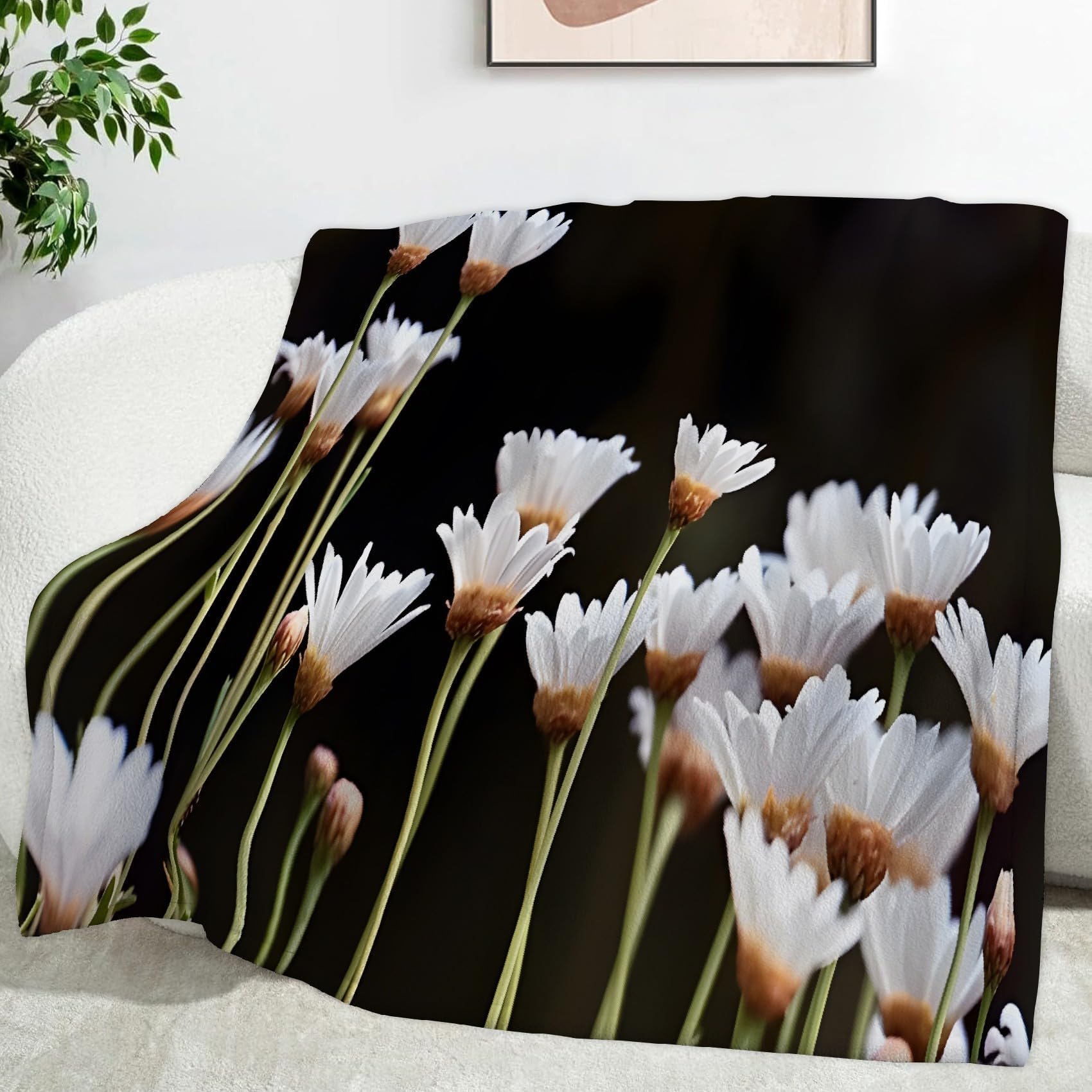 Ypthriline White Chrysanthemum Blanket, Realistic Flowers Microfiber Flannel Throw Blanket, Comfortable Soft Fluffy and Warm, Blankets for Beds, Sofas and Recliners, 230×270 CM