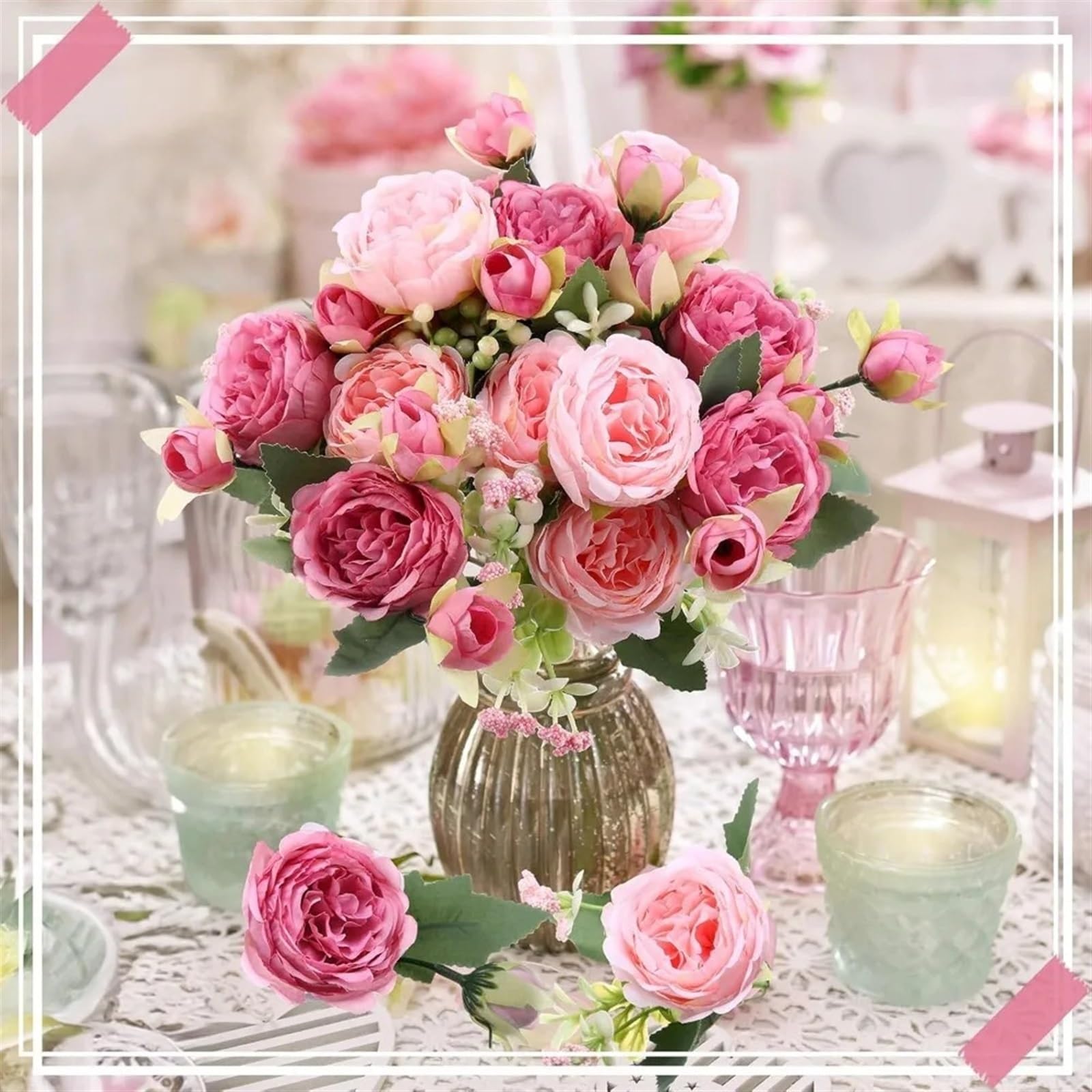 8 Bündel künstliche Pfingstrosenseide, rosa Kunstblumen-Mittelstück, Frühlingsstrauß, Hochzeitsdekoration, Blumen für Startseite(Pink)