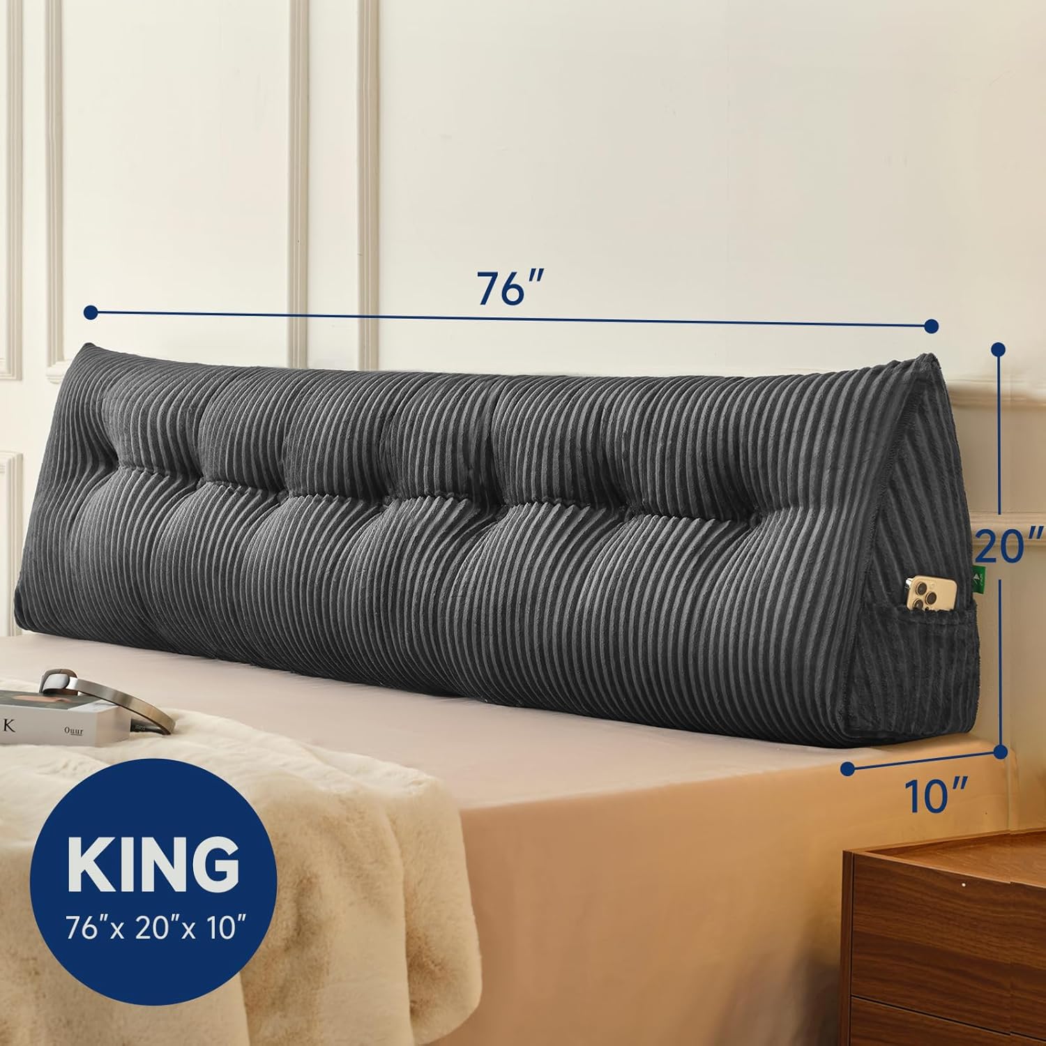 Z-hom Large Headboard Pillow King, NO ROLL Pillow, Wedge Pillow Headboard for Sitting Up in Bed, Backrest Support Triangular Cushion for Reading, Gap Pillow w/Removable Washable Cover,Grey