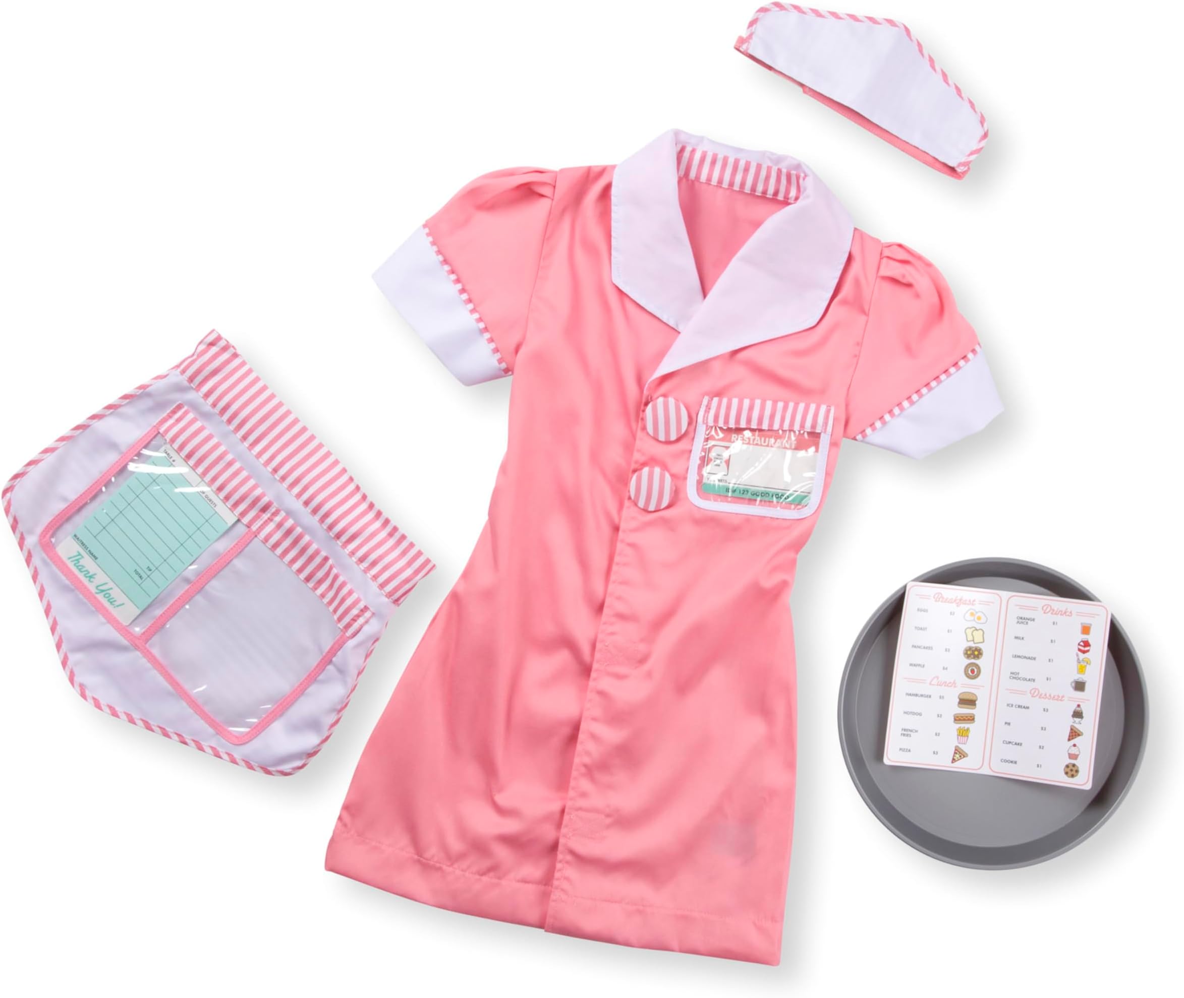 Waitress Costume, Pretend Play Dress Up (7-Pc) Dress, Apron, Menu & Accessories, Role Play Toys for Kids 3+