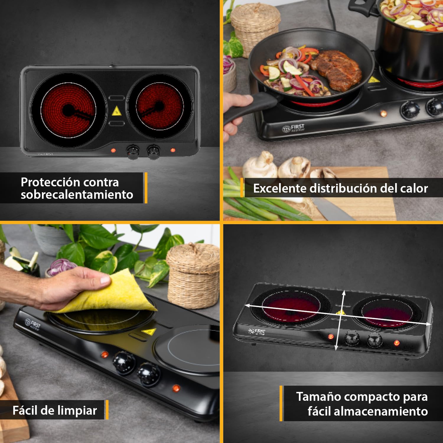 TZS First Austria - Placa de cocción doble infrarrojos vitrocerámica TODOS los tipos de ollas 2000W - Mini Hornillo eléctrico para mudanza, camping y hogar - Regulación continua y luz de control